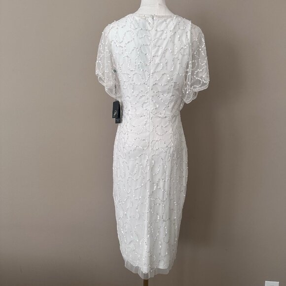NWT Adrianna Papell White Dress $249 Flutter Sleeve Bridal Shower Women 4 Sequin - Picture 4 of 15